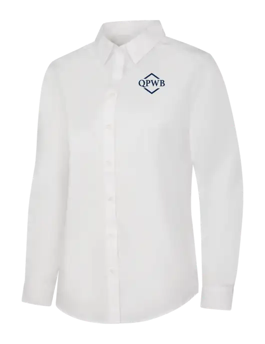 Womens White Long Sleeve Carefree Poplin Shirt w/QPWB Logo