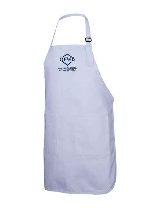 Full-Length White Apron With Pockets w/QPWB Logo