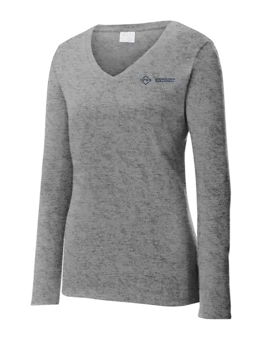 Womens  V-Neck Ring Spun Grey Heather 4.5 oz Long Sleeve T-Shirt w/QPWB Logo