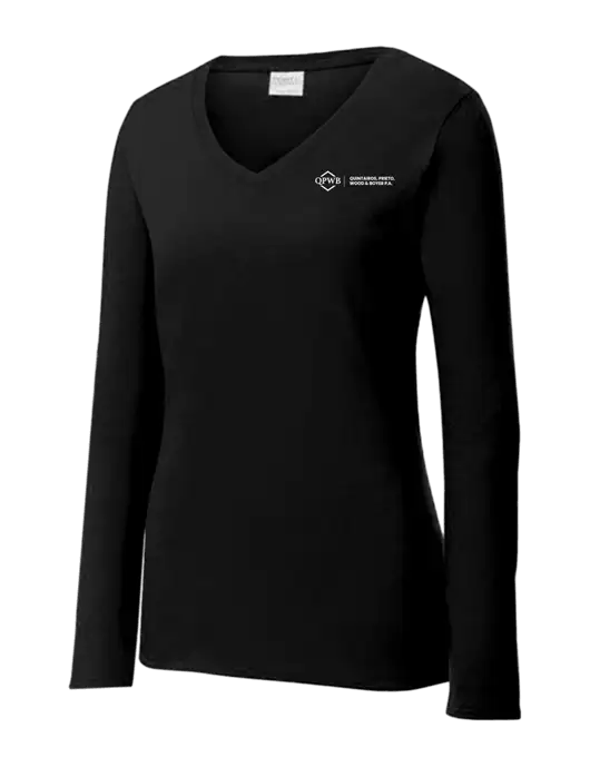 Womens V-Neck Ring Spun Jet Black 4.5 oz Long Sleeve T-Shirt w/QPWB Logo