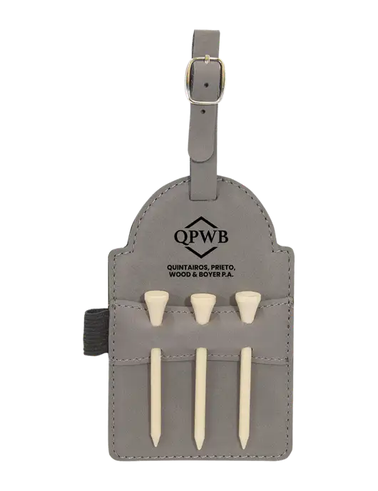 Grey Leatherette Golf Bag Tag with 3 Wooden Tees w/QPWB Logo
