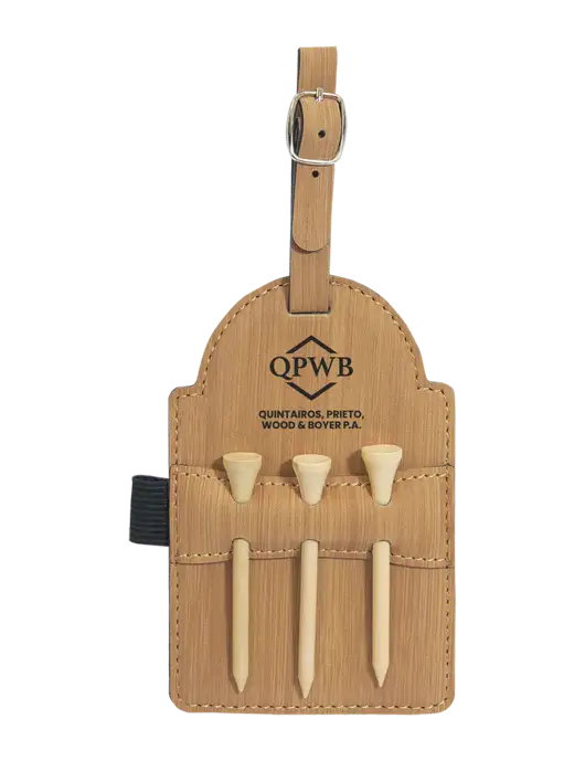 Bamboo Leatherette Golf Bag Tag with 3 Wooden Tees w/QPWB Logo