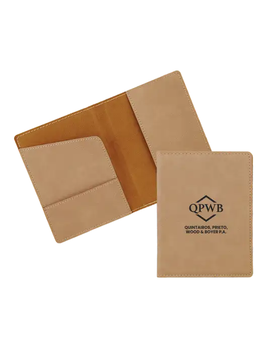 Tan Leatherette Passport Holder w/QPWB Logo
