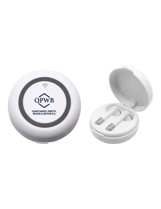 Harmony White Wireless Earbuds and Charging Pad w/QPWB Logo
