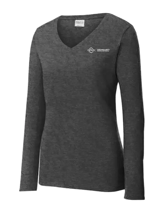 Womens  V-Neck Ring Spun Dark Heather Grey 4.5 oz Long Sleeve T-Shirt w/QPWB Logo