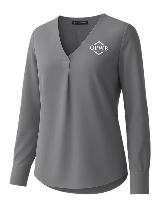 Brooks Brothers Womens Medium Grey Open-Neck Satin Blouse  w/QPWB Logo