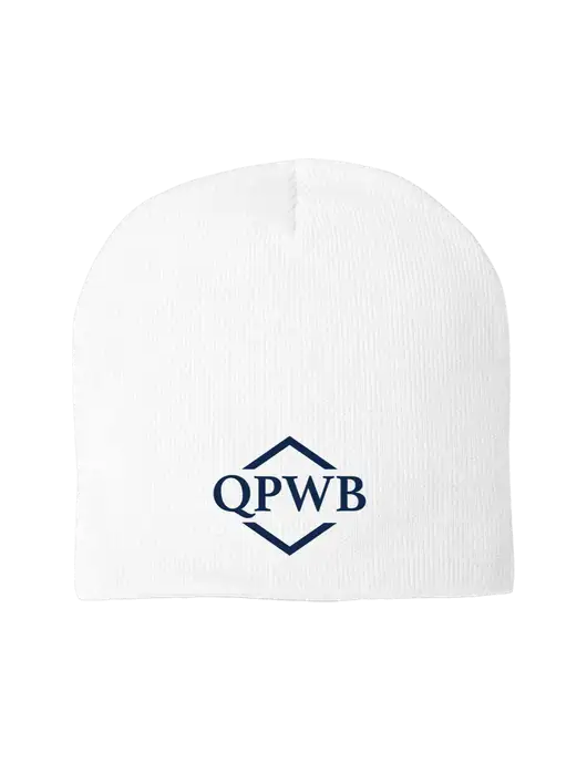 Solid White Element Knit Beanie w/QPWB Logo
